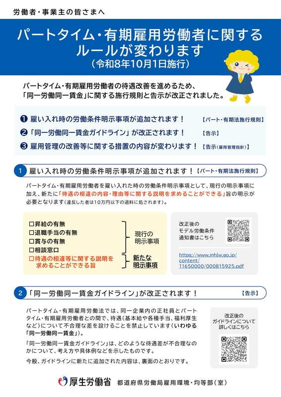パートタイム労働者、有期雇用労働者の雇用ルール変更についてのリーフレット表