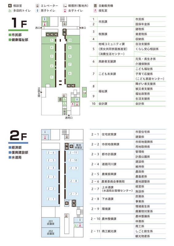 1階(市民部・健康福祉部)、2階(経済部・復興建設部・水道局)フロアマップの画像、詳細はPDFファイルを参照ください。