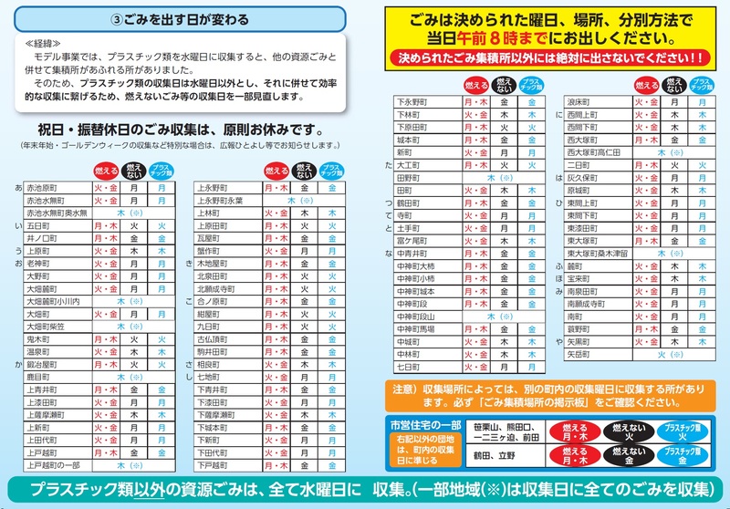 ごみの出す日がまとめられた表。詳細はPDFをご確認ください。
