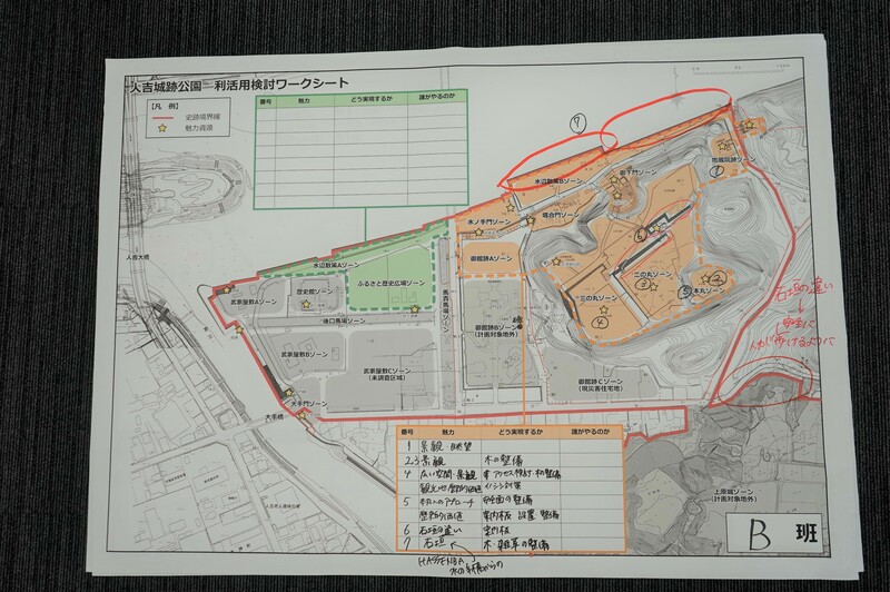 B班のワークシート結果1の報告画像、詳細はPDFファイル 城跡公園の報告内容まとめを参照ください。