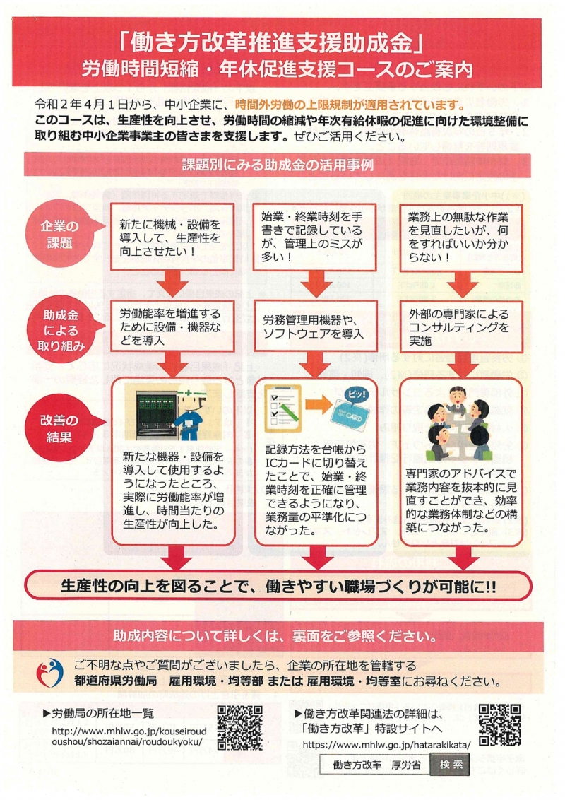 働き方改革推進支援助成金リーフレット（表）のチラシ画像、詳細はPDFファイルを参照下さい。