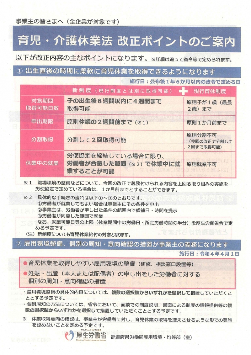 育児・介護休業法 改正ポイントの案内 表のチラシ画像、詳細はリンク先ページのリーフレット「育児・介護休業法改正ポイントのご案内」をご確認ください。