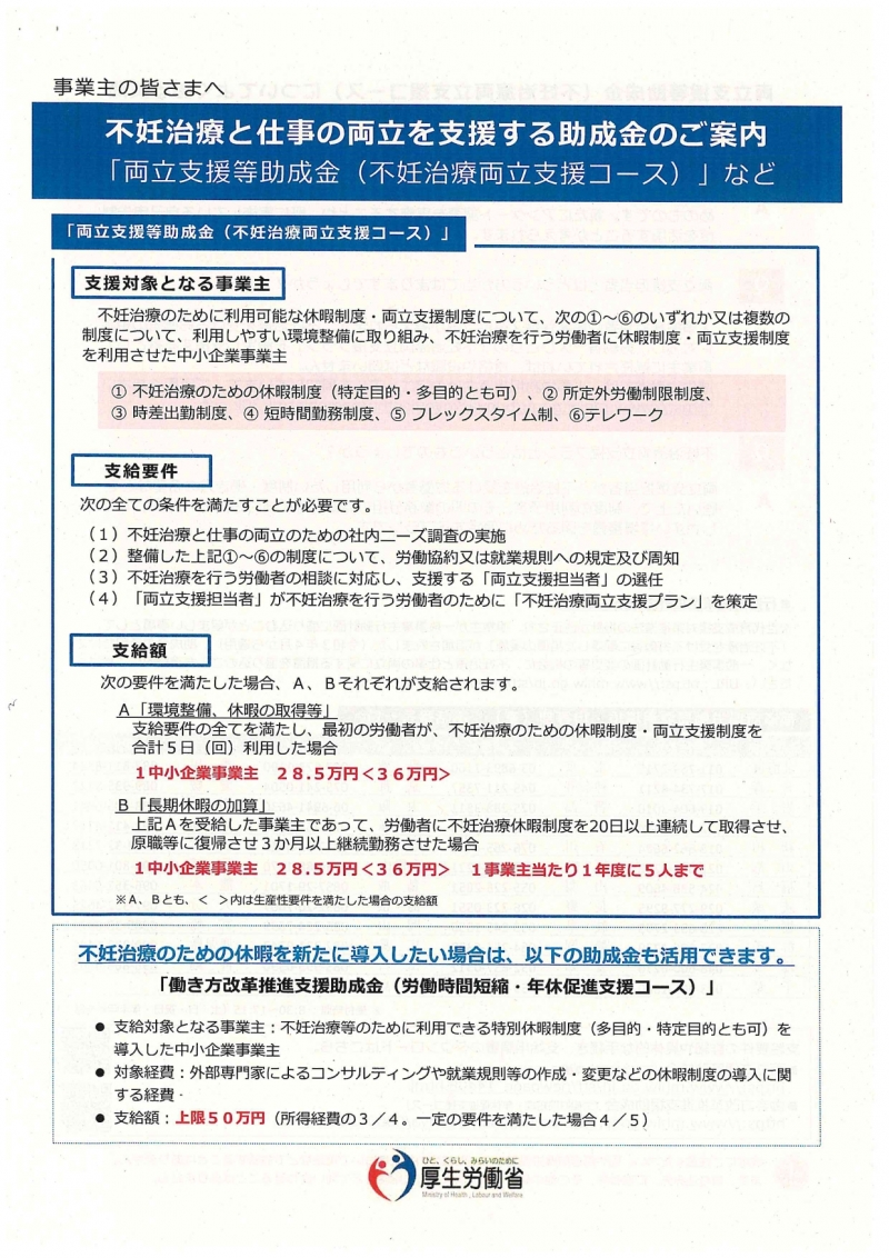 不妊治療と仕事の両立を支援する助成金のご案内（表）のチラシ画像、詳細はPDFファイルを参照下さい。